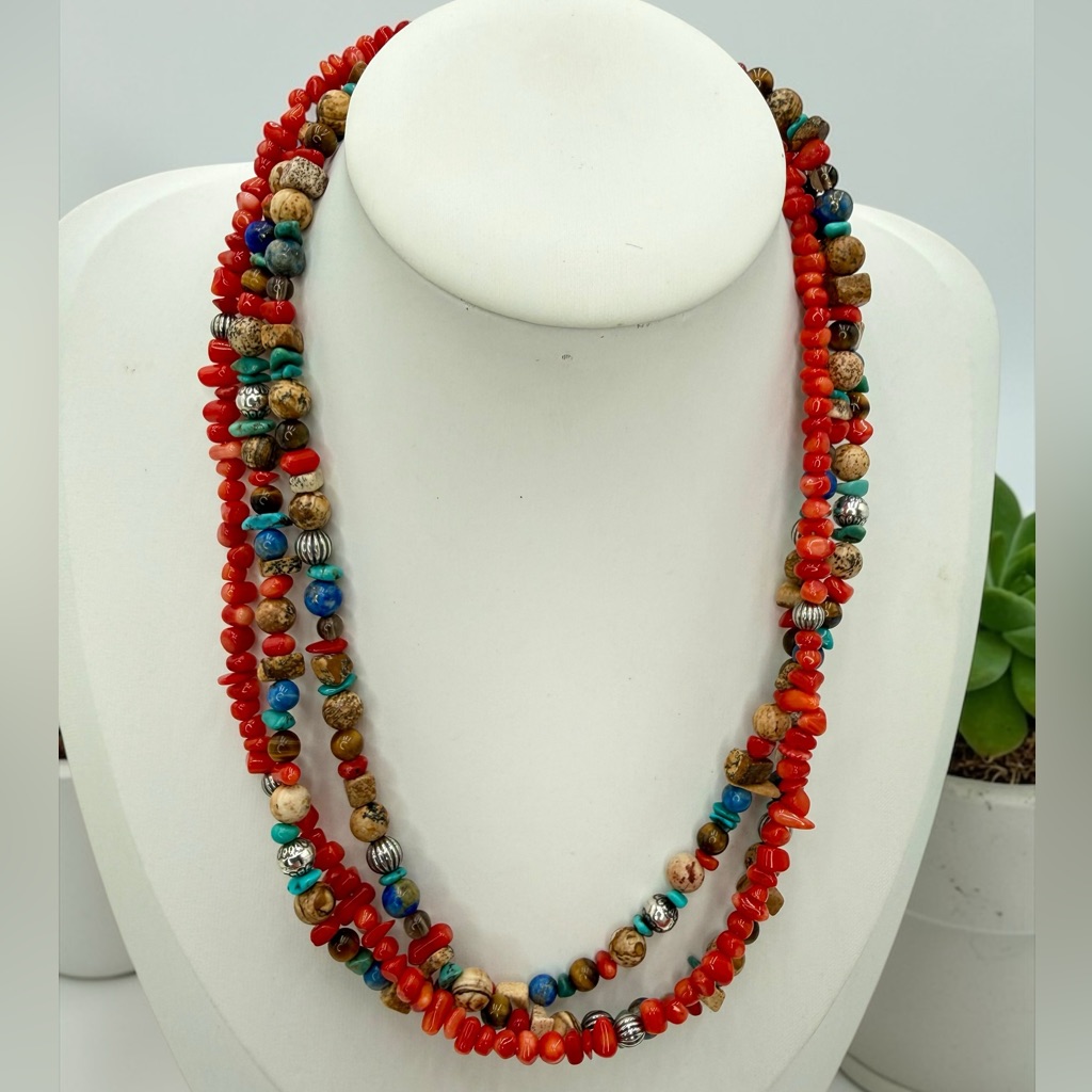 Carolyn Pollack Relios Coral Turquoise Multigemstone 3 Strand Sterling Necklace
